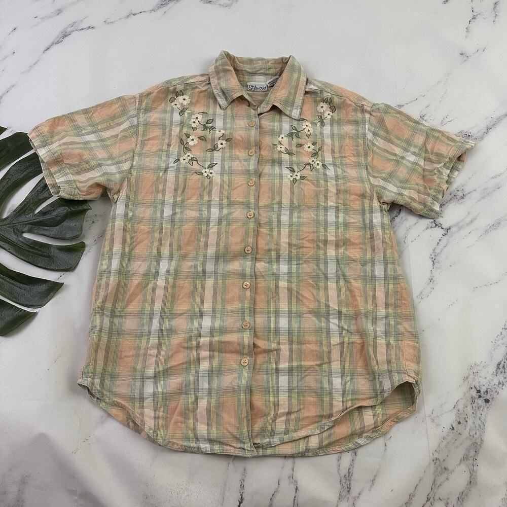Styleworks Womens Vintage 90s Plaid Shirt Size 8 Peach Green Floral Embroidered